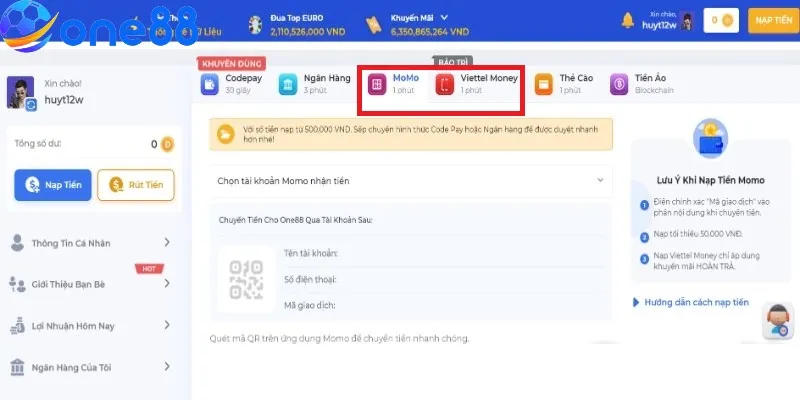 Nạp tiền ONE88 qua ví điện tử